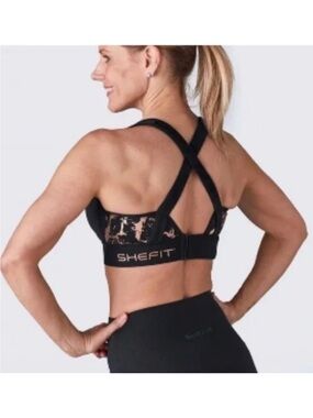 Shefit Flex Sports Bra High Impact Black Rose Gold Adjustable Sz 1Luxe XL Gym